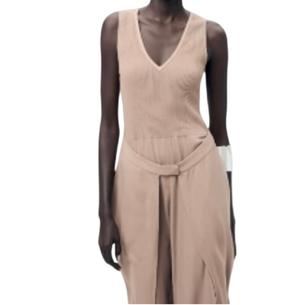 ZARA compound wrab jumpsuit wide legs sleeveless cotton beige women’s Sz M NWOT - Picture 2 of 13